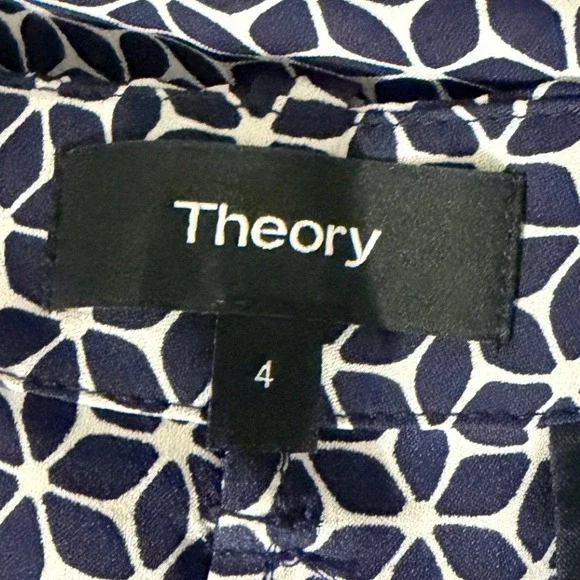 Theory Brilda Geo Print 100% Silk Pants Size 4 Navy White Zipper Closure - Picture 11 of 13